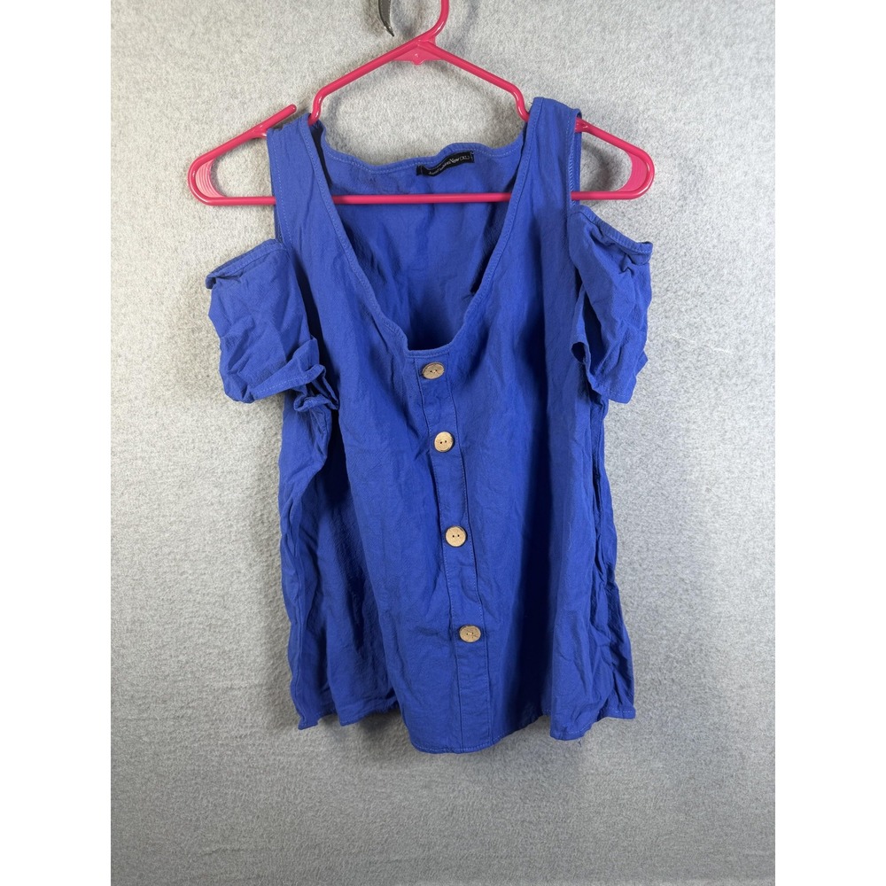 JustFashionNow Blouse Womens XL Blue Scoop Neck Cold Shoulder Button Front Top